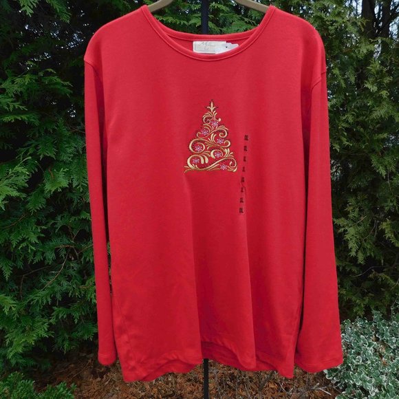 M&C Sportswear Plus Size-XXL Christmas Top with Gold Scroll-Embroidered Tree - Picture 1 of 3